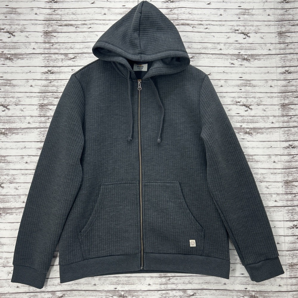 Marine Layer Hoodie Men's Medium Gray Ribbed Full Zip Jacket Hooded Textured